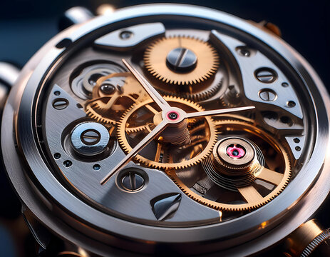 Close-up of a watch mechanism with intricate moving gears - Powered by Adobe