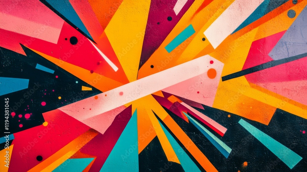 Poster close-up of an abstract background with a burst of bright, neon colors and geometric patterns, creat