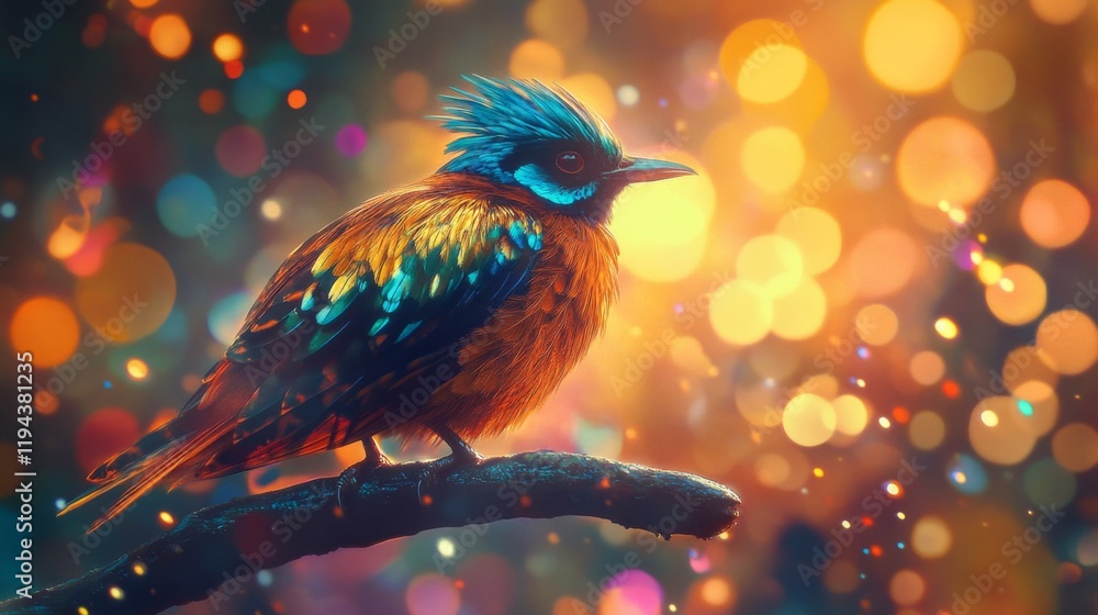 Poster Close-up of an elegant bird with striking feathers, perched on a branch, with a dazzling background of abstract lights creating a vibrant and artistic effect.