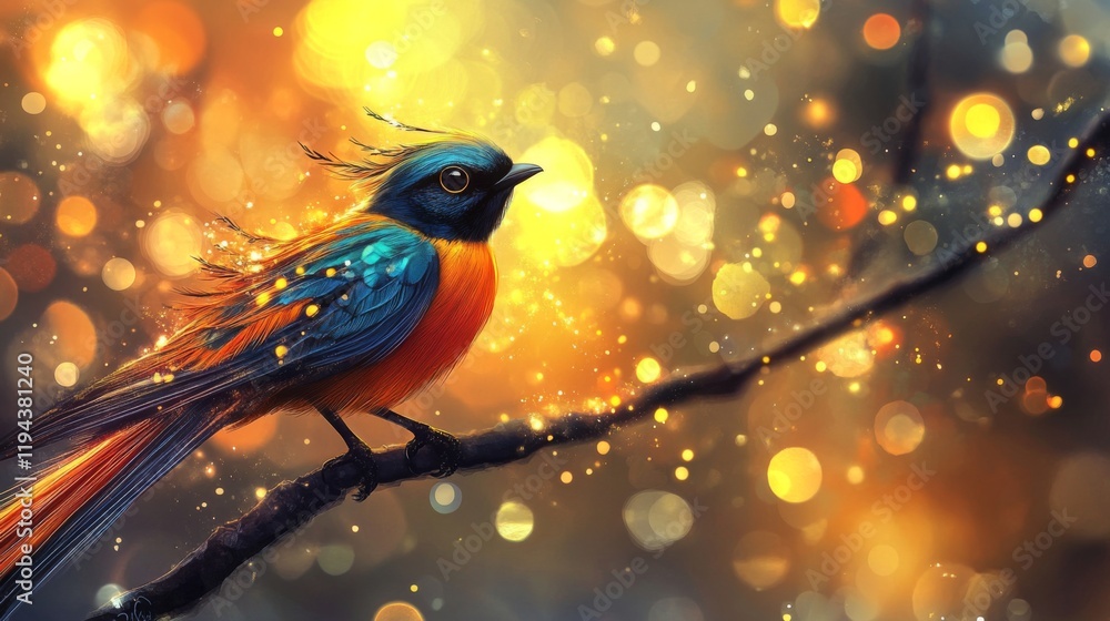 Poster Close-up of an elegant bird with striking feathers, perched on a branch, with a dazzling background of abstract lights creating a vibrant and artistic effect.