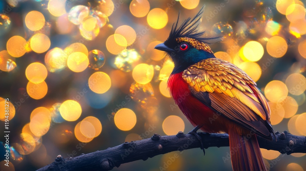 Poster Close-up of an elegant bird with striking feathers, perched on a branch, with a dazzling background of abstract lights creating a vibrant and artistic effect.