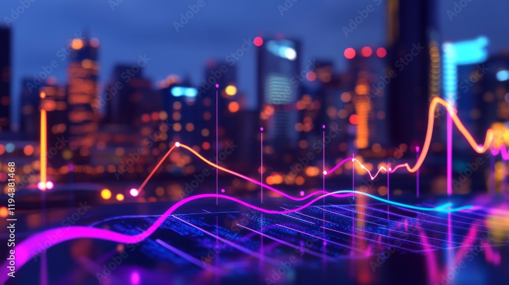 Aufkleber Close-up of a D line graph with rising curves, each axis highlighted in neon colors, representing trends and market data visualization in a high-tech style.