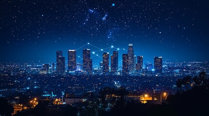 Fototapeta premium Night cityscape, starlit sky, connected buildings, urban development, technology illustration