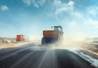 Fototapeta premium Construction Machinery Paving New Asphalt Road on Sunny Day