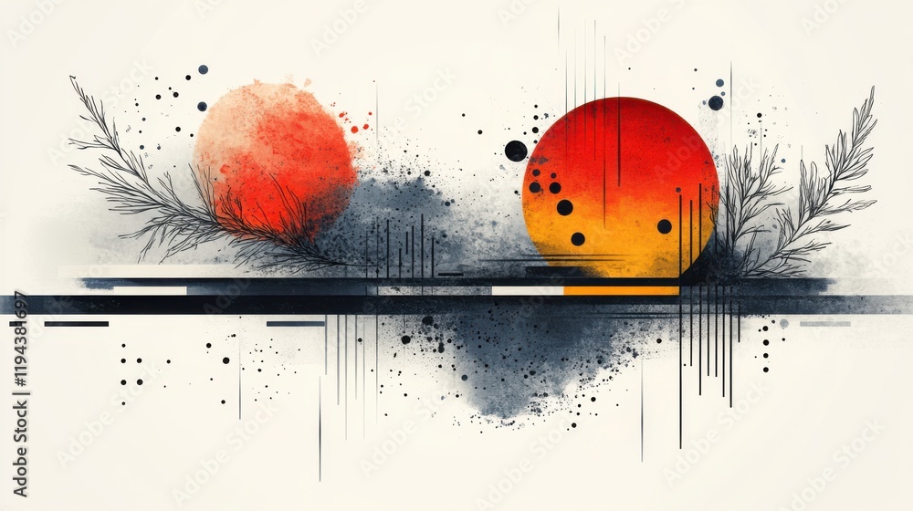 Poster abstract illustration of colorful geometric shapes with soft edges, featuring red and orange circles