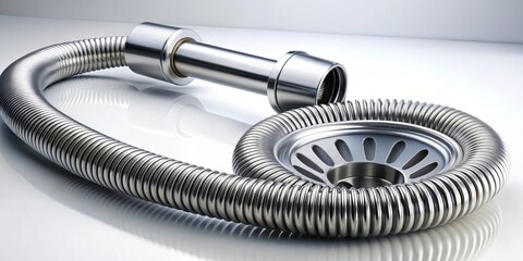 Naklejka premium Close-up of a Shiny Metal Flexible Drain Assembly for a Modern Sink
