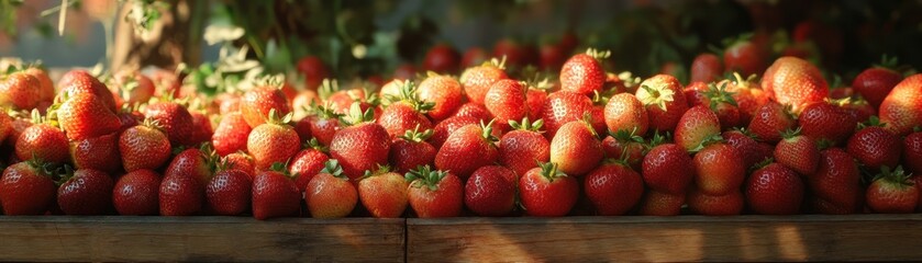 Fresh Ripe Strawberries on Wooden Table in Sunlit Garden Setting with Green Foliage in the Background