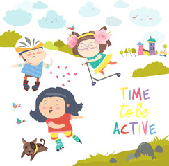 Cheerful active boys and girl having fun while riding kick scooter and roller skates. Vector illustration