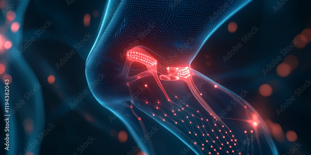 Poster abstract digital human knee joint with glowing red neural pathways.