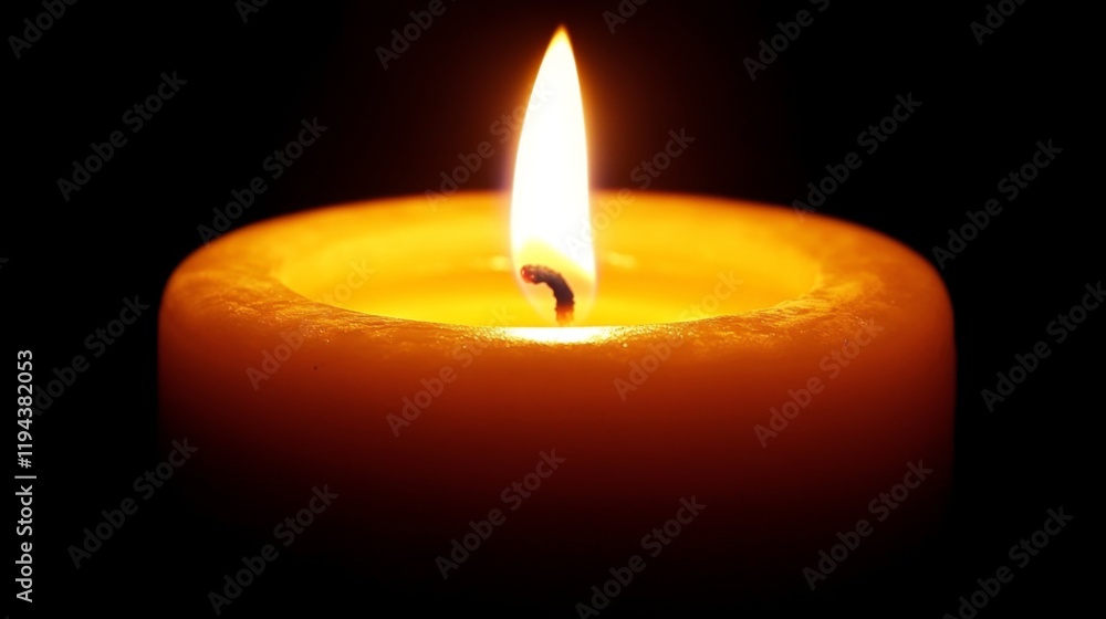 Poster close-up of a candle flame in a dimly lit room, with the flame illuminating the surrounding area and