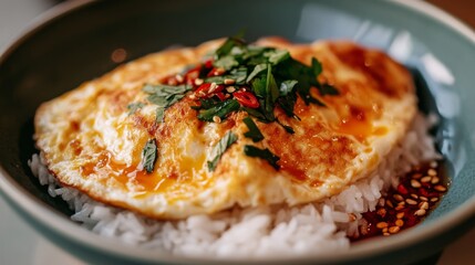 Close-up of a classic Thai omelette served on white rice, with a drizzle of fish sauce and chili on the side, highlighting the texture and fluffiness of the egg.