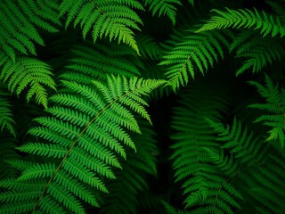 Close-up image of vibrant green fern leaves against a dark background, detail, forest