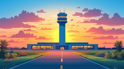 Vibrant Sunset Over Airport Control Tower with Aircraft Silhouettes, Colorful Sky, and Lush Landscape in a Serene and Peaceful Atmosphere