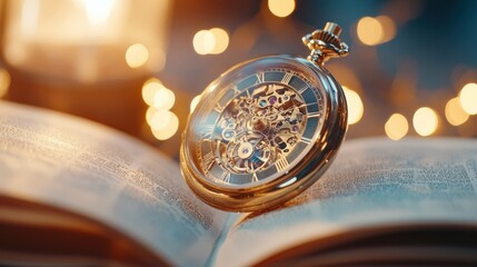 Golden Pocket Watch on Open Book with Bokeh Background, Perfect for Watch Enthusiasts and Book Lovers