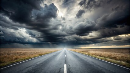 Naklejka premium Asphalt Road Leading Through Stormy Skies Towards a Bright Horizon
