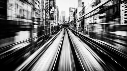 Close-up of a high-speed train in a motion blur, illustrating the incredible speed and efficiency of the train as it travels through a bustling cityscape.