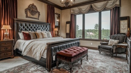 Fototapeta premium Elegant and luxurious master suite featuring a king-sized bed, plush velvet upholstery, and opulent textures, ideal for relaxation