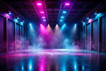 Large room with neon lights and a fog machine. Background. Futuristic. Graphics. Technology