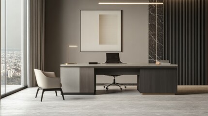 Close-up of a minimalist home office with a sleek desk, modern chair, and clean lines, emphasizing the uncluttered and functional workspace.
