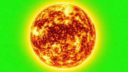 Fiery Sun on Green Screen: A close-up shot of a vibrant, fiery sun against a bright green screen, ideal for compositing and visual effects. The image showcases the intense heat and energy of the sun.