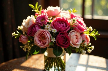 bouquet of flowers at a cafe table

