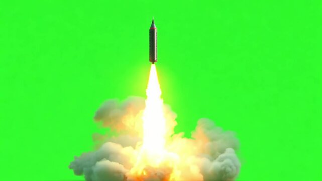 Missile Launch: A ballistic missile blasts off with a fiery plume of smoke, showcasing the raw power of modern weaponry against a vibrant green screen background.
