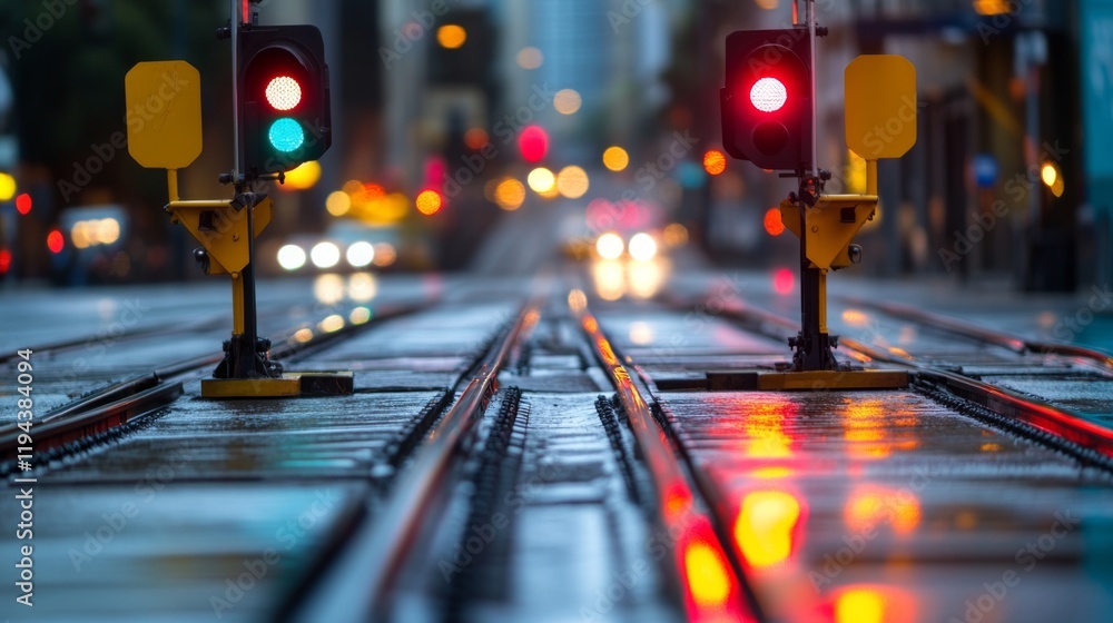 Poster close-up of a railway crossing with warning signals, showcasing the tracks, crossing gates, and safe