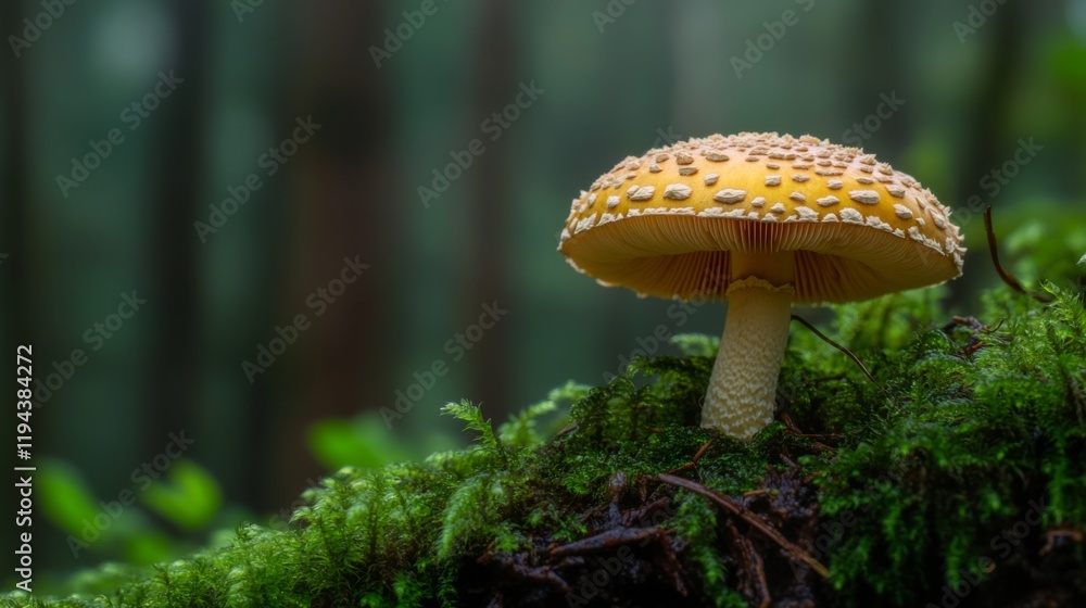 Poster close-up of a single shiitake mushroom with its cap opened slightly, showcasing the gills and the fr