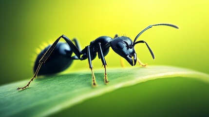 Close-up of a single ant crawling on a leaf, showcasing its detailed legs, antennae, and body structure against a clean background.