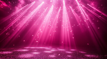 Stage lights, pink spotlight beams with sparkles on black background, glowing studio or theater scene lamp rays illumination on floor and ceiling for concert or show presentation, Realistic 3d vector