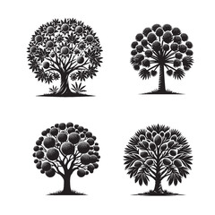 High-Quality Monochrome Vector Silhouettes of the Breadfruit Tree Isolated on a White Background"