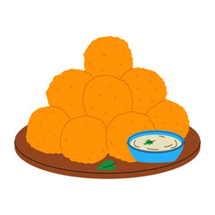 Fried carrot balls with sauce on wooden board. Traditional Middle Eastern food. Vector hand drawn illustration.