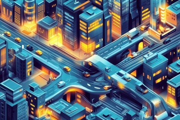 A vibrant cityscape showcasing illuminated streets and traffic patterns.