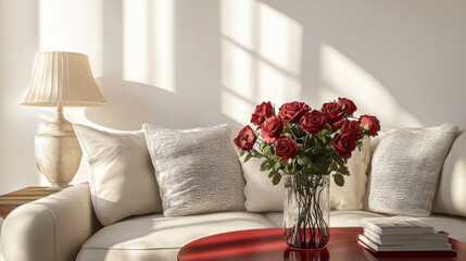 Naklejka premium Home interior stuff set, coffee table with red cloth, lamp with lampshade and vase with rose flowers, classic style furniture and accessories isolated on white background. Cartoon vector illustration
