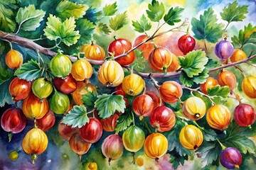 Painting of a tree with many small fruits hanging from it. Watercolor