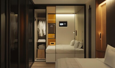 Modern hotel room featuring minimalist design and organized storage.