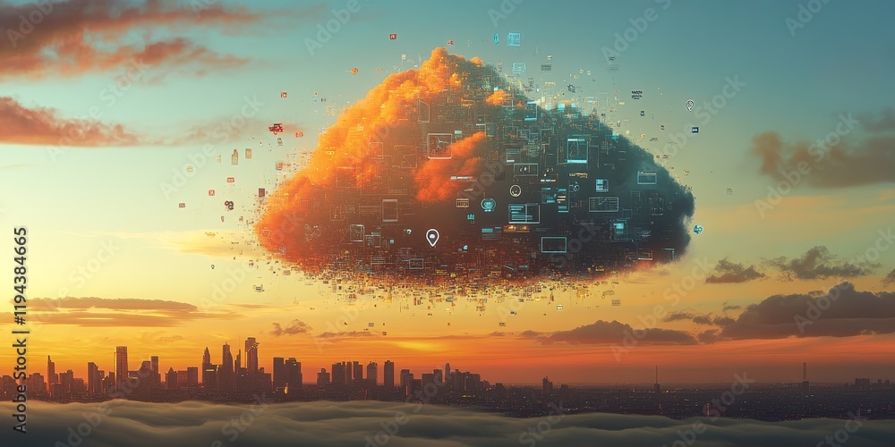 Poster Sunset cityscape with cloud computing concept.