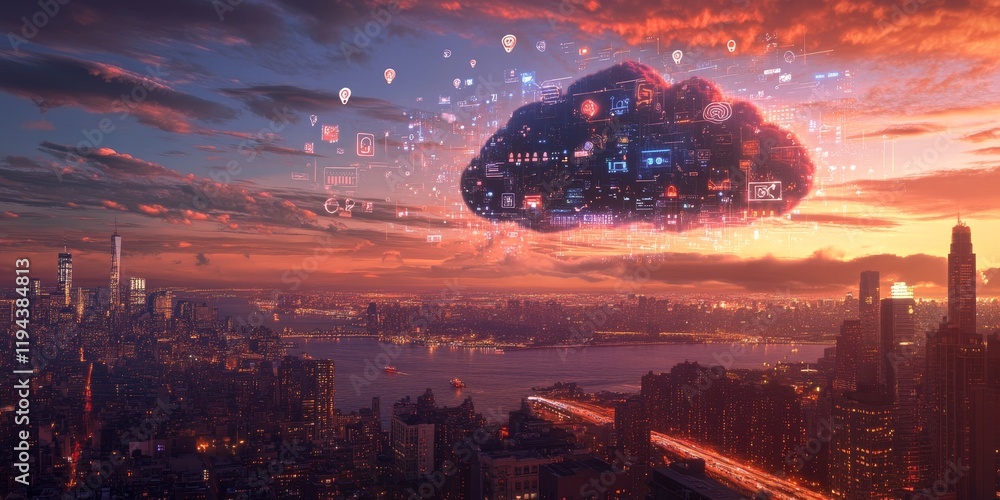 Aufkleber Sunset cityscape with digital cloud computing data.