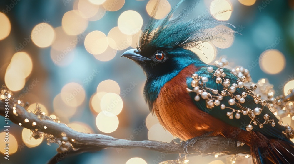 Aufkleber Close-up of a striking bird with elaborate feather details, perched on a branch, with a background of abstract lights creating a captivating and artistic ambiance.