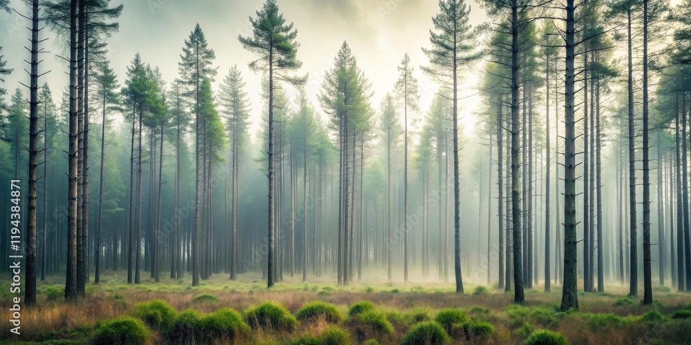 Poster serene misty pine forest at dawn with tall trees and lush grass