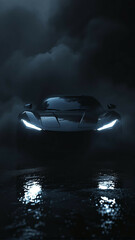 Sleek Black Sports Car Emerging from Thick Fog with Radiant Headlights Illuminating a Dark Moody Environment (Photograph) phone wallpaper