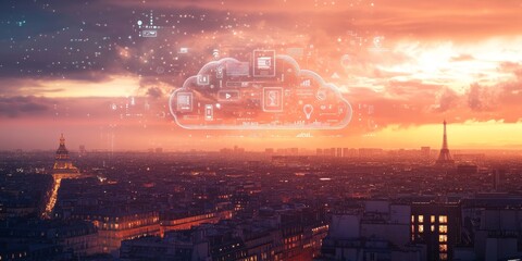 Cloud computing over Paris cityscape at sunset.