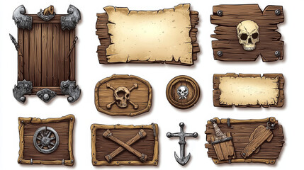 Pirate adventure game ui elements isolated on background. Vector cartoon illustration of wooden boards with iron frames, menu background, blank old paper sheet, victory and defeat badges, nameplates