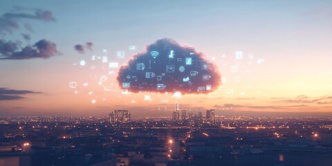 Cloud computing over cityscape at sunset.