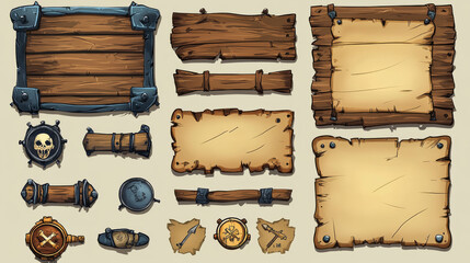 Pirate adventure game ui elements isolated on background. Vector cartoon illustration of wooden boards with iron frames, menu background, blank old paper sheet, victory and defeat badges, nameplates
