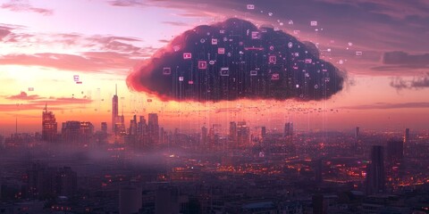 Data cloud over cityscape at sunset. (1)