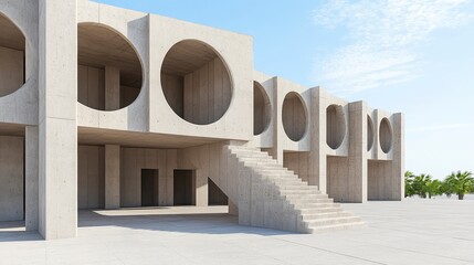Modern Concrete Architecture with Circular Windows and Stairs Design