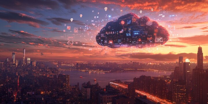 Sunset cityscape with digital cloud computing data.