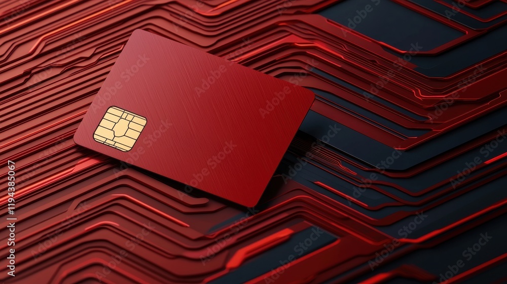 Poster a sleek red card with a golden chip rests on a textured circuit-like background, symbolizing technol