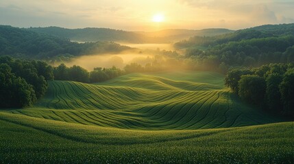 Sunrise over Rolling Green Hills and Misty Valley